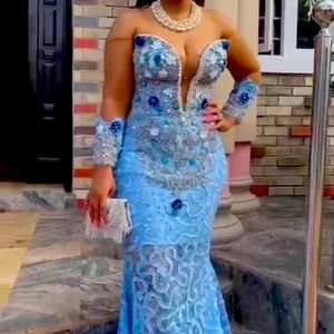 Unique blue elegant deep V mermaid stylish prom dress.